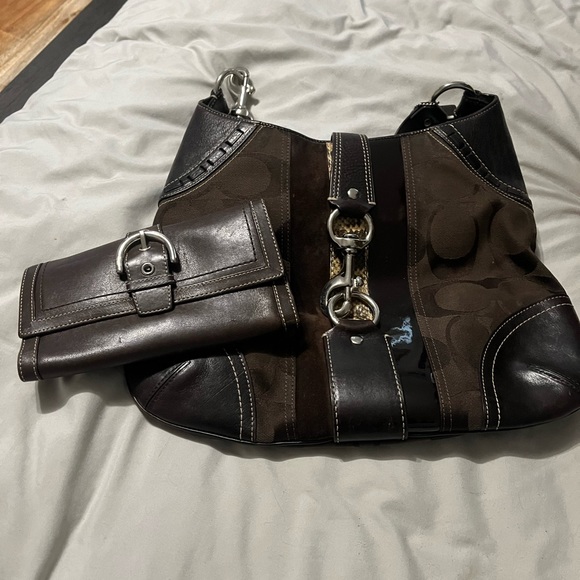Coach bag brown with python detail and matching wallet - Picture 1 of 2